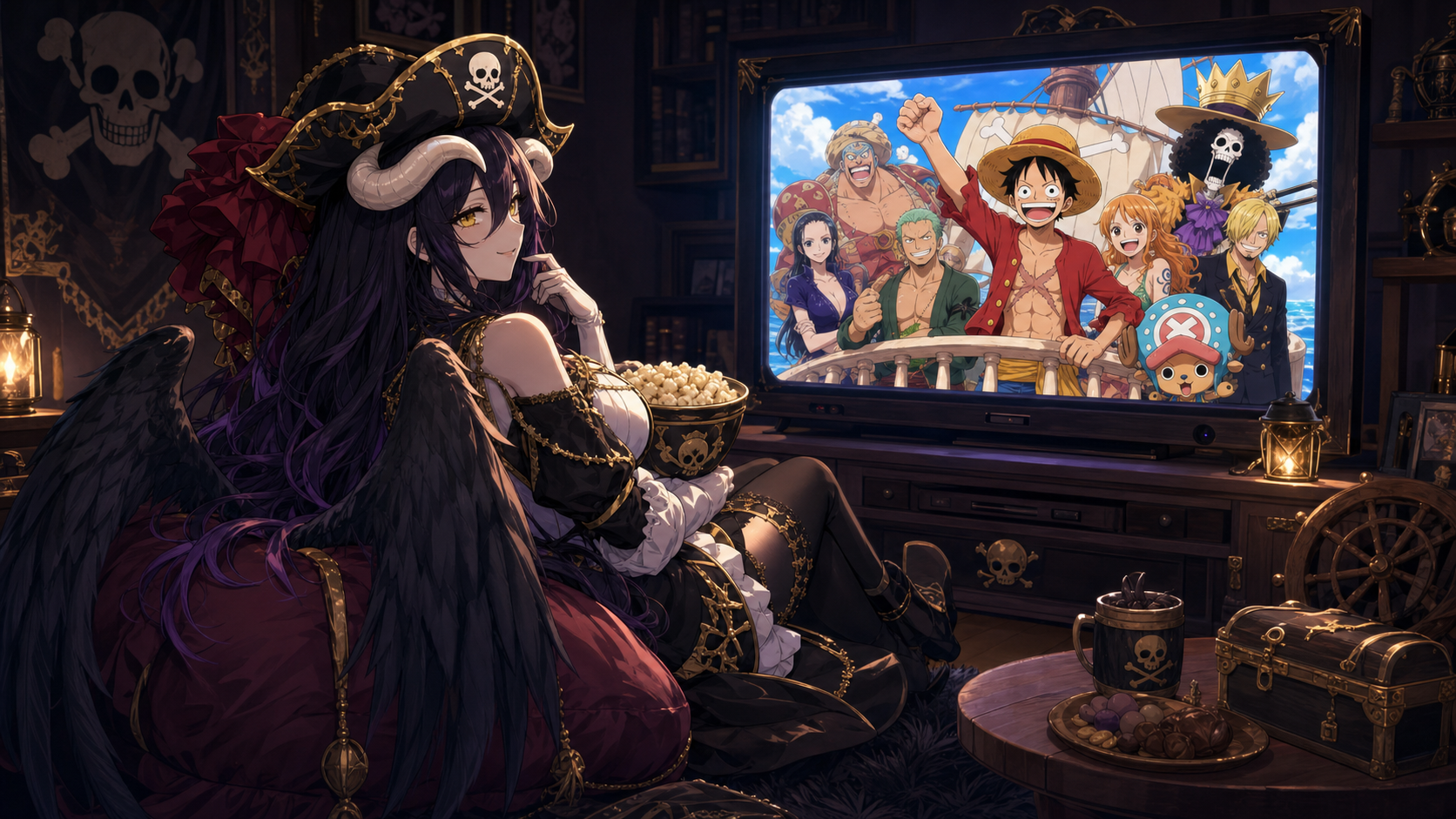 Pirate Albedo watching One Piece on television